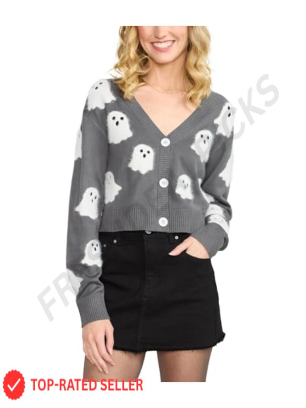 Fuzzy Ghost Print Button-Up Cardigan Cropped Fit Fall Halloween Sweater